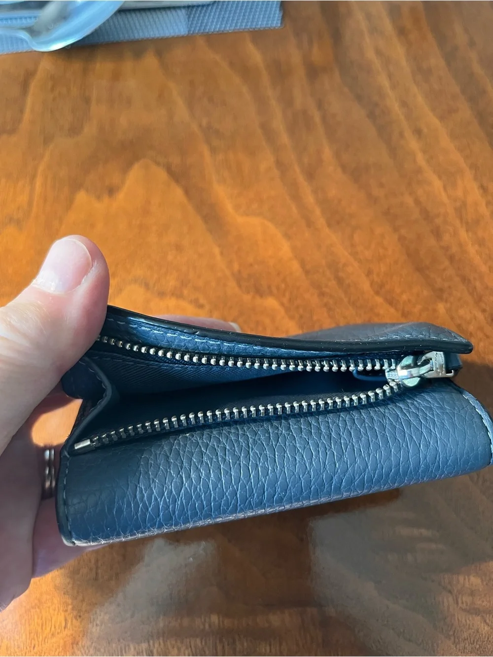 Coach Navy Blue Pebble Leather trifold wallet with coin zip! Silver hardware!